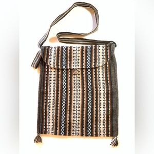 BoHo Festival Shoulder Bag Soft Knit. Brown/Tan. Button & Loop Closure. Tassels